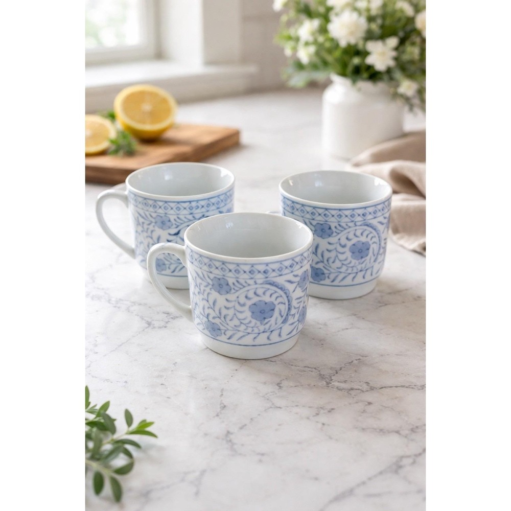 Lot Of 3, vtg blue & white porcelain tea Coffee cup Mug by IDG Japan Cottagecore